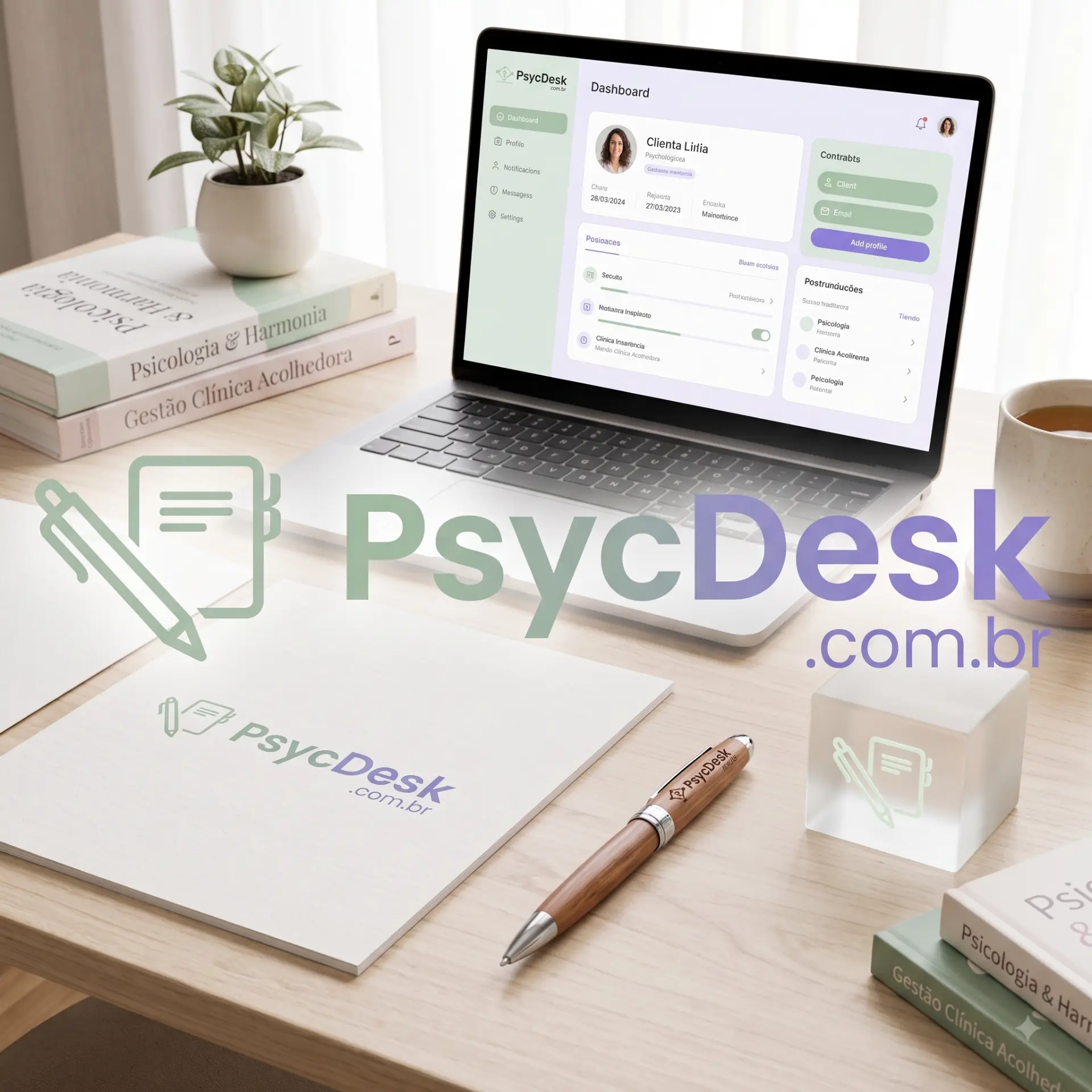 Notebook exibindo o painel do PsycDesk sobre mesa de trabalho com caderno, caneta e livros de psicologia